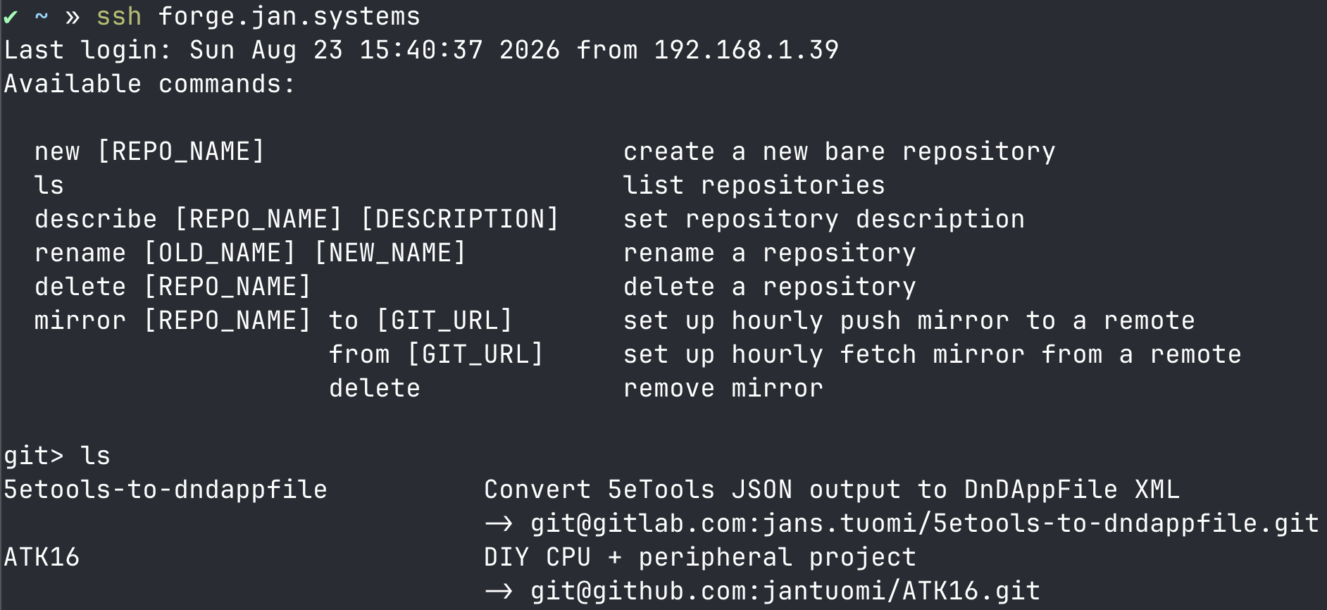 A screen capture of the TUI, showing help text and ls output.